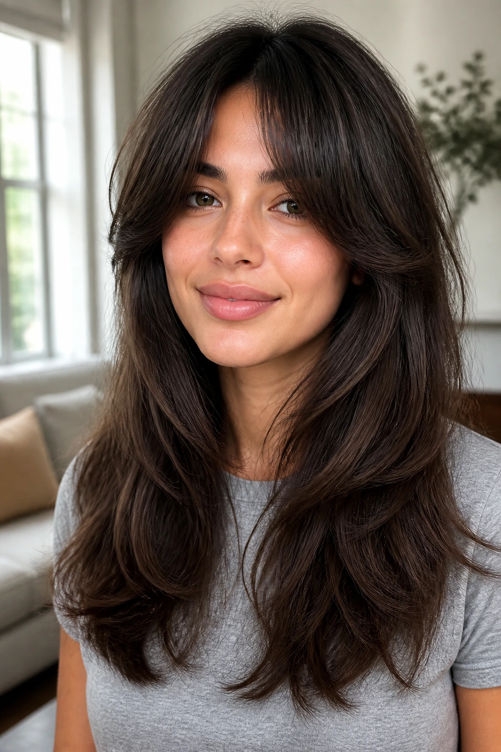 Portrait of a person with thick hair styled with layers and curtain bangs showing structure