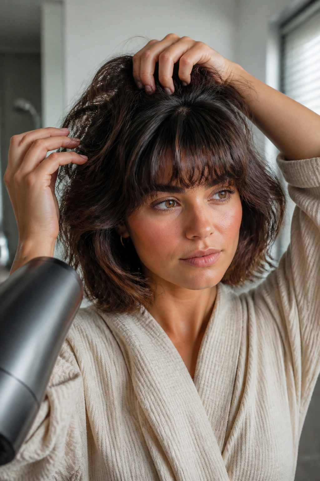 Portrait showing thick hair being styled at the crown to maintain shape