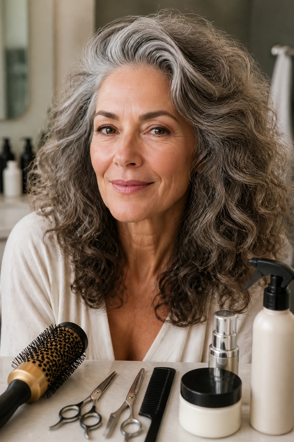Close-up of a real woman with thick hair and subtle background styling products.