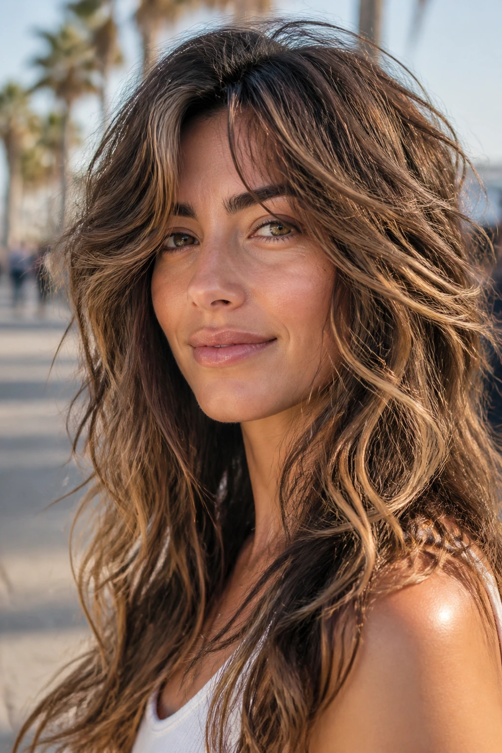 Close-up portrait of a real woman with thick-wavy hair and sun-kissed caramel highlights.