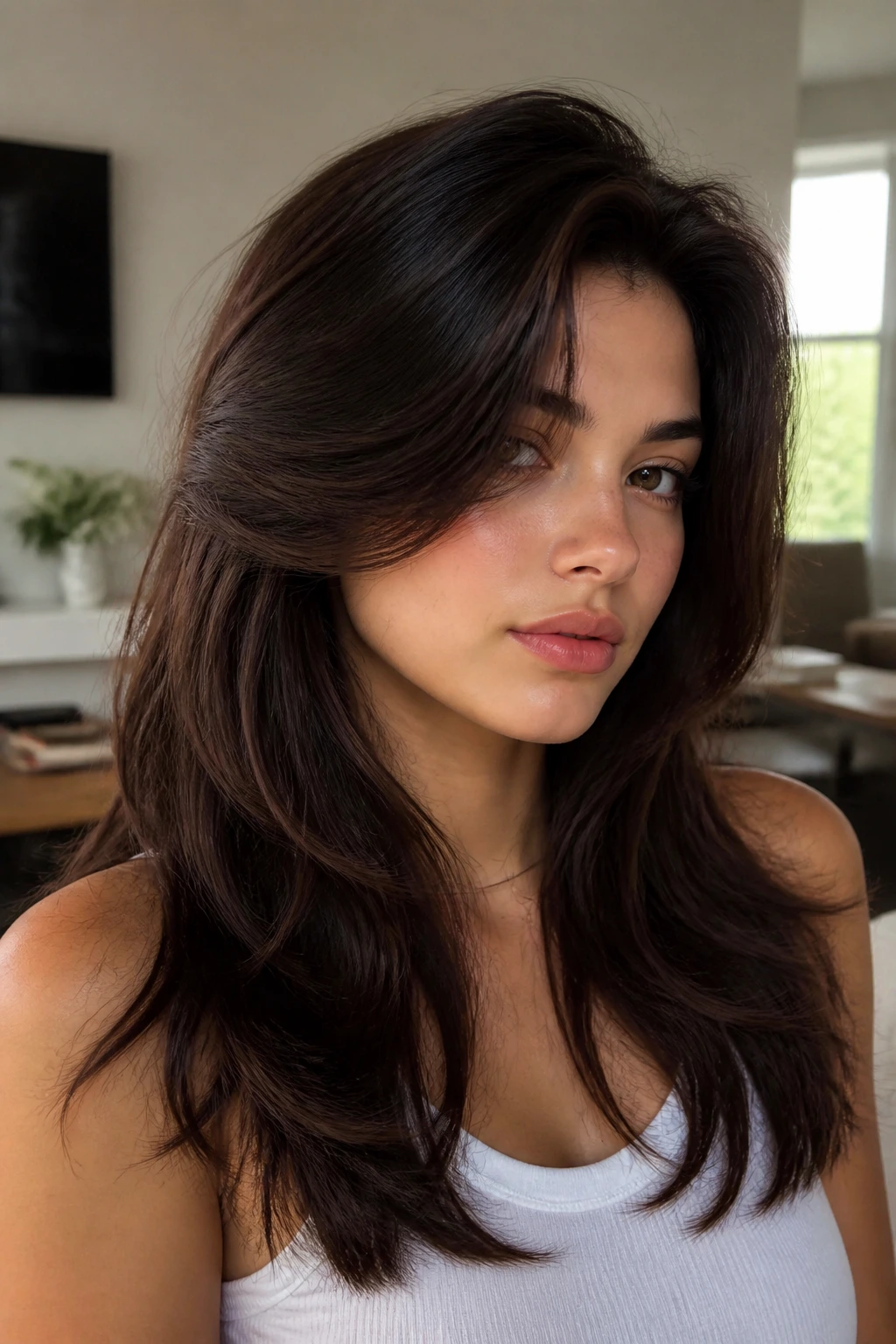 Close-up portrait of a real person with thick hair sculpted sweep.