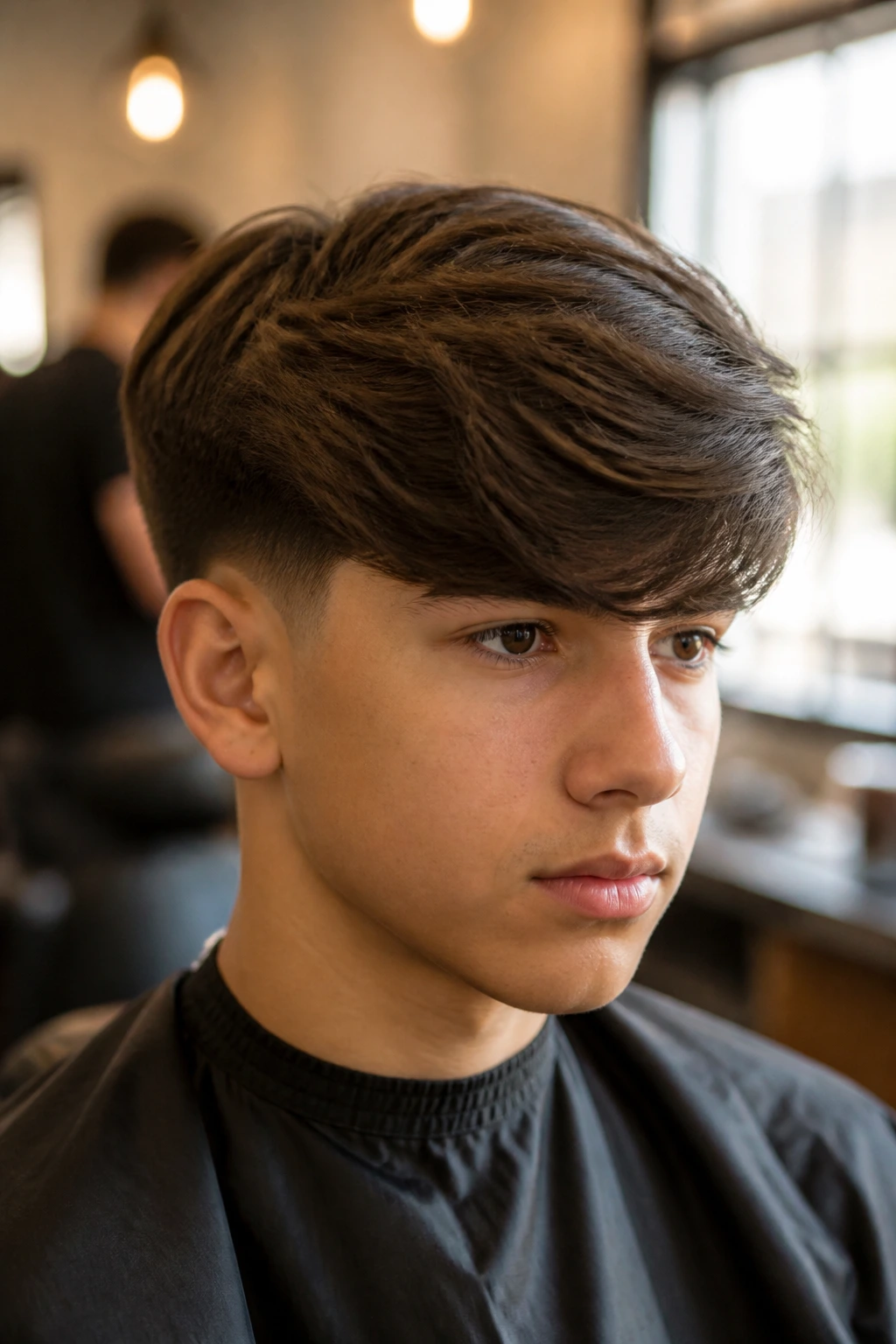 Close-up of a real boy with a thick swoop in barbershop lighting