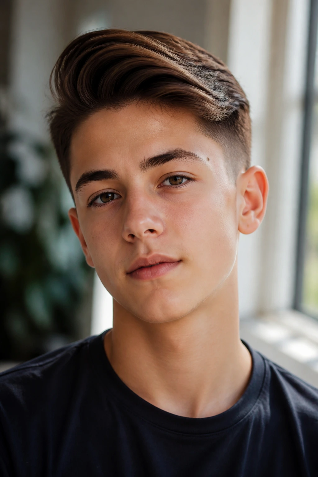 Close-up of a real boy with thick hair in a clean classic swoop, warm window light.