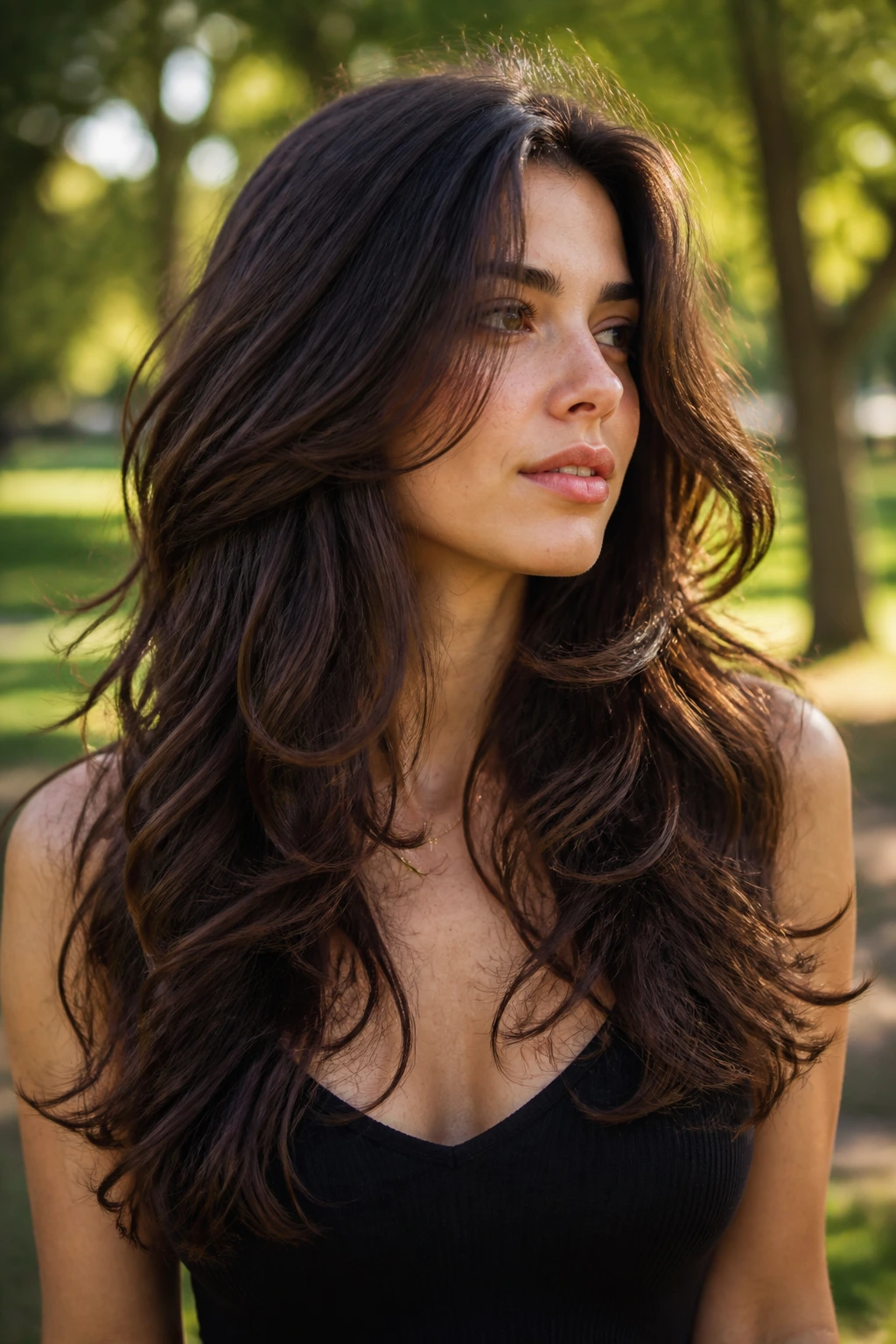 Close-up portrait of a real person with long thick hair showing tapered mid-lengths in a park setting