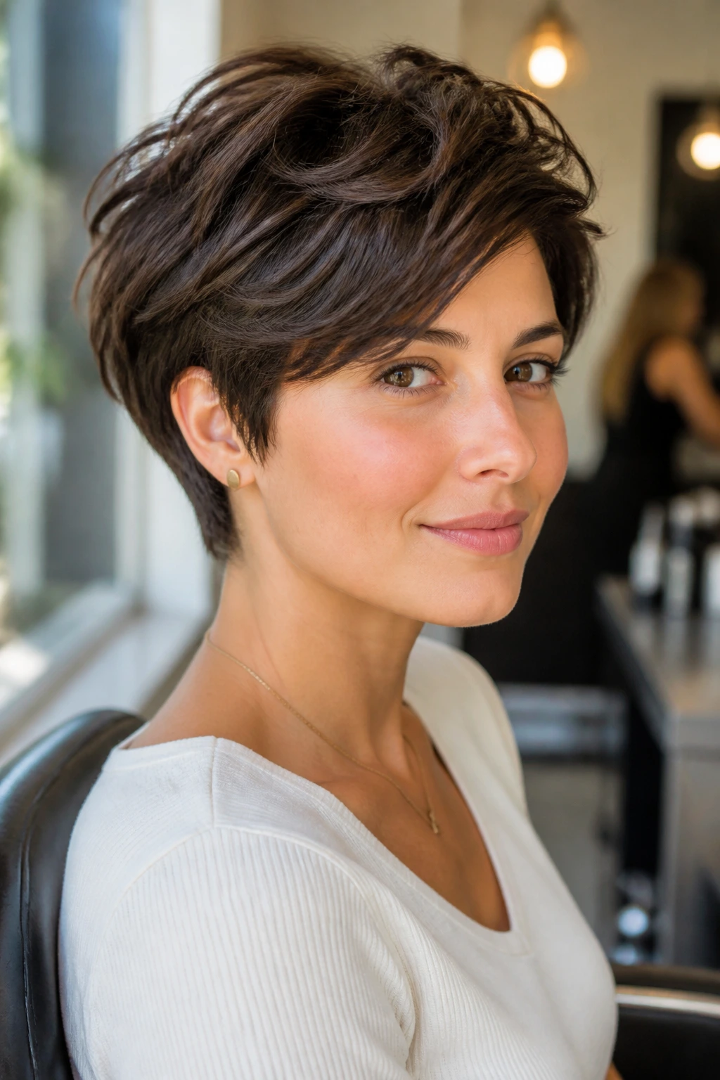 Close-up portrait of a real woman with thick hair styled in a tapered outline