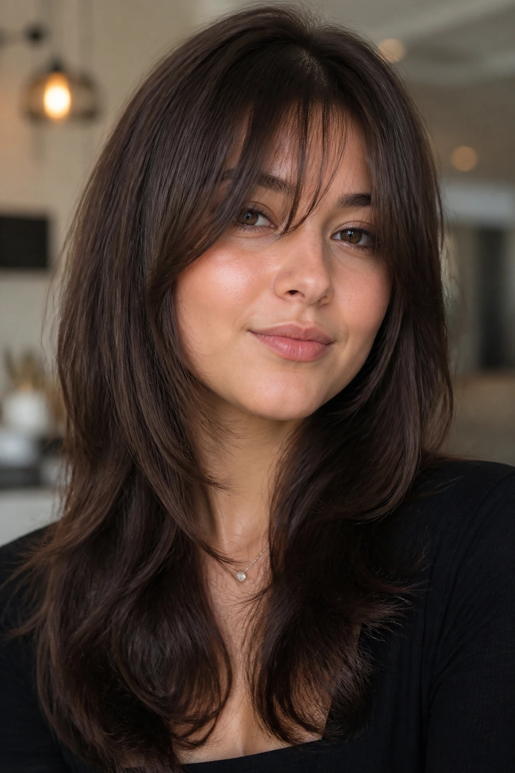 Portrait of a person with thick hair tapered layers and long bangs.