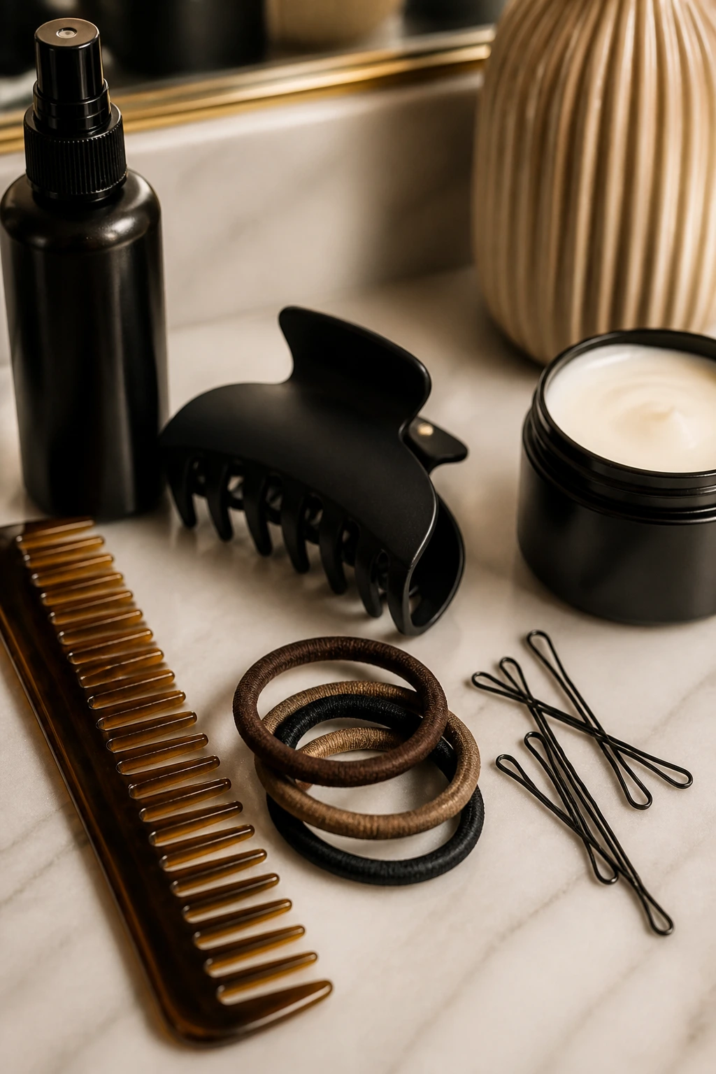 Macro still-life of thick-hair tools including wide-tooth comb and oversized claw clip on a countertop