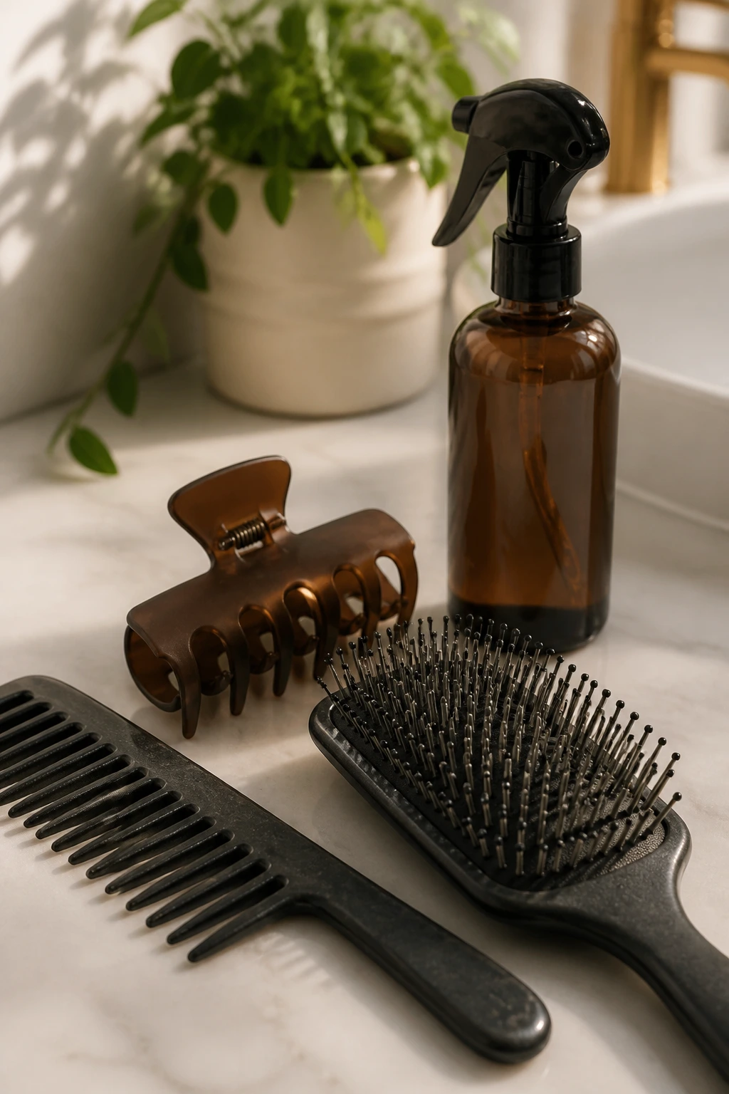 Close-up of thick-hair styling tools (comb, brush, spray bottle, claw clip) arranged on a bathroom counter.