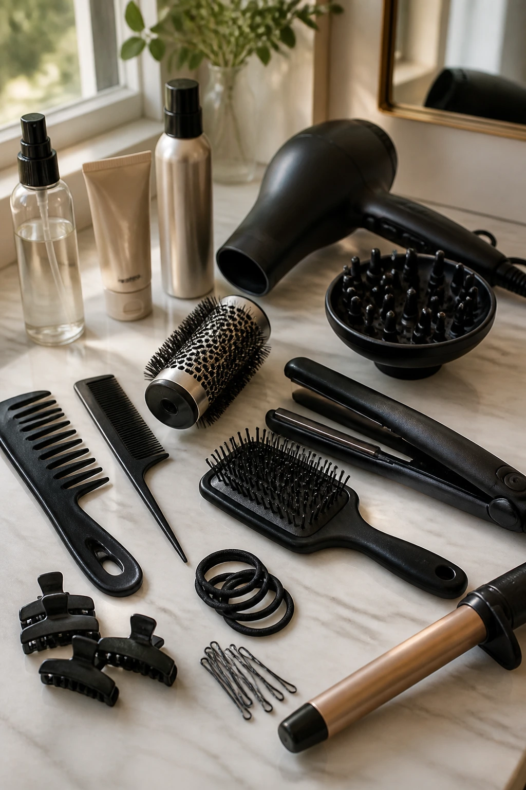 Close-up of thick-hair styling tools lined up on a vanity