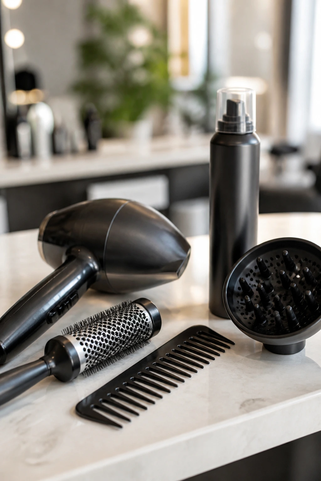 Close-up of blow dryer, round brush, comb, mousse, and diffuser on a salon counter