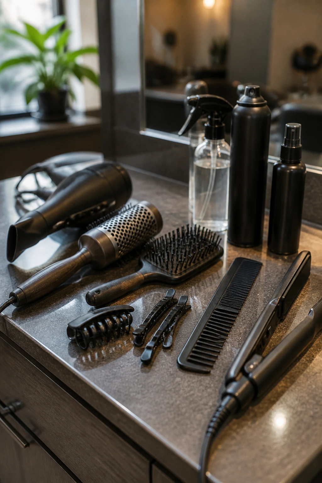 Close-up of unbranded hair styling tools on a salon counter for thick hair layers