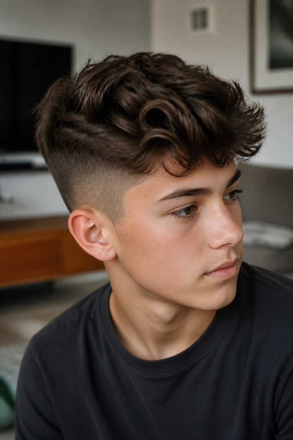 Boy with thick hair and undercut showing contrast between top and sides