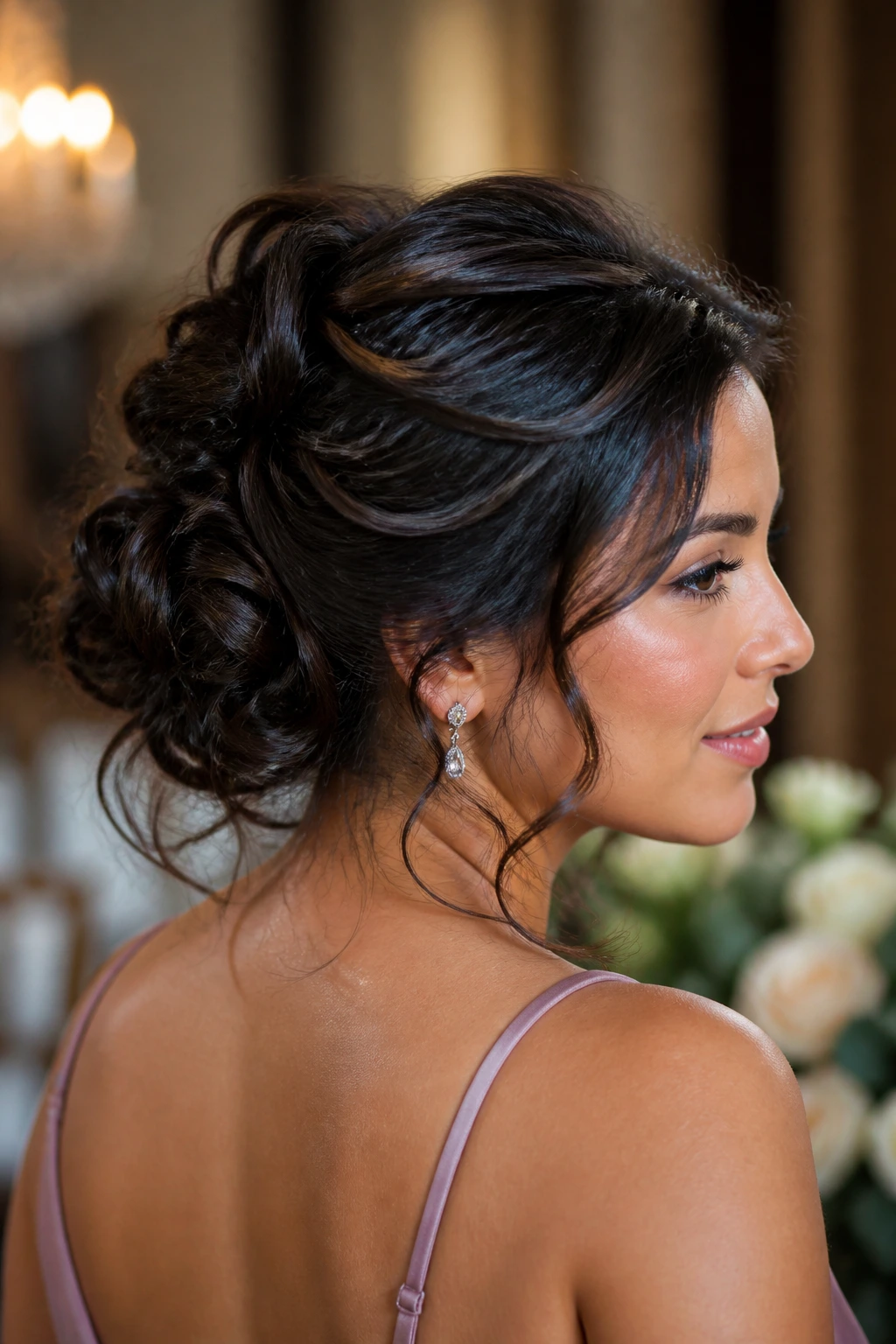 Close-up portrait of a real woman with thick hair in a textured updo at a wedding venue