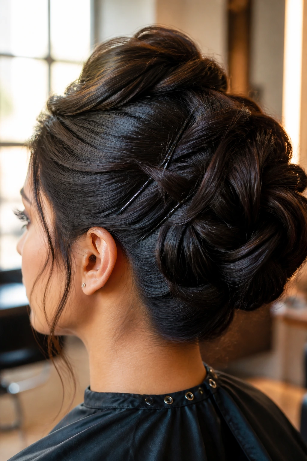 Close-up of thick hair styled into an updo on a real person in a salon