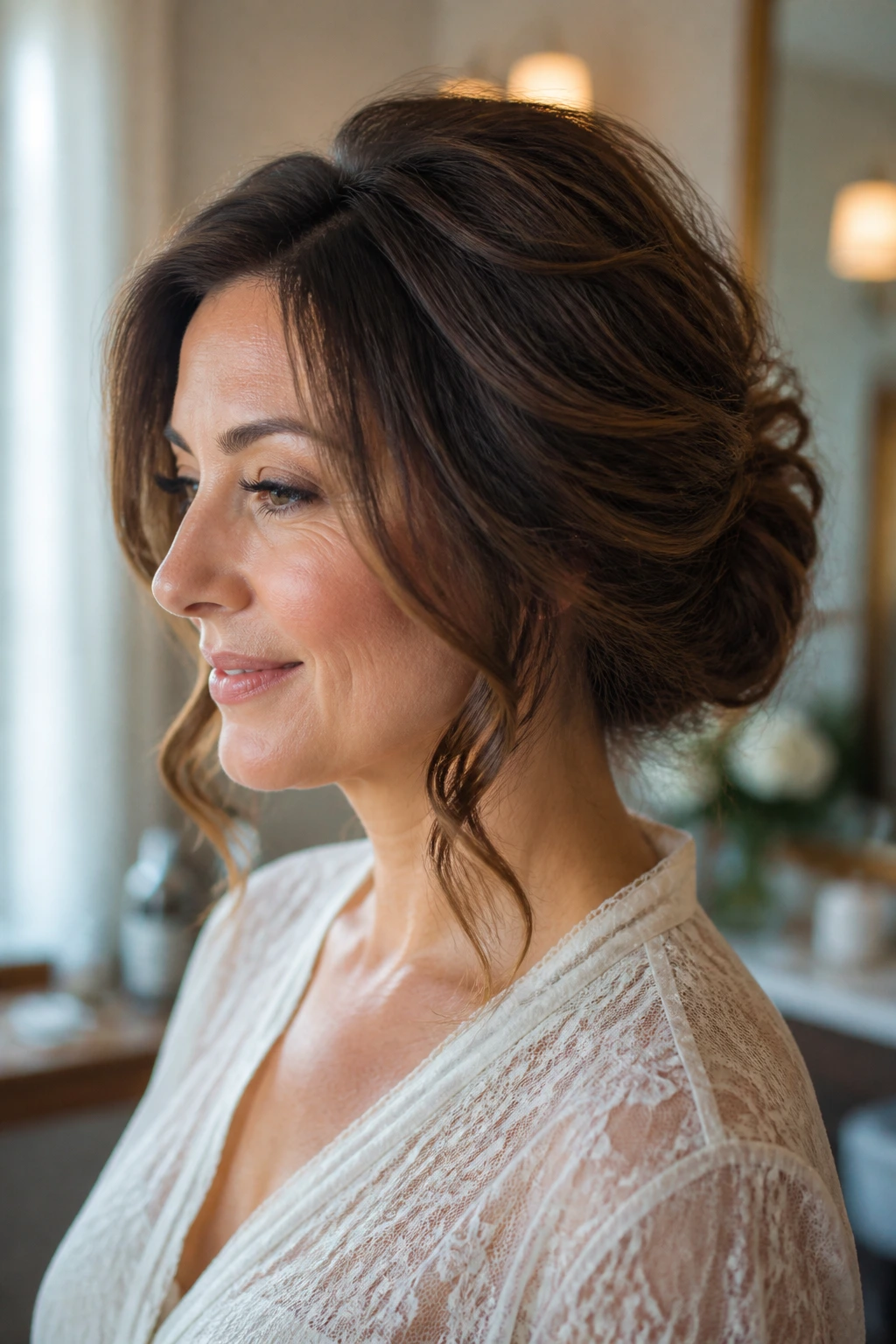 Close-up of a real woman with thick, medium-length hair in bridal prep lighting, showing density and texture.