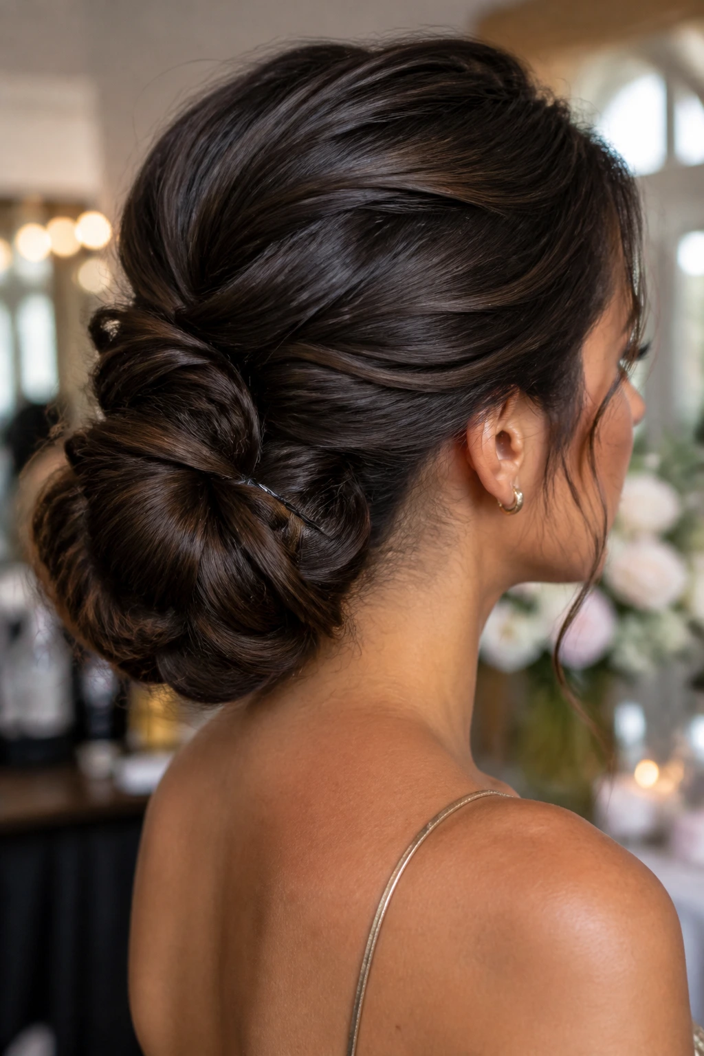 Close-up of thick hair styled into a broad-based knot with cross pins