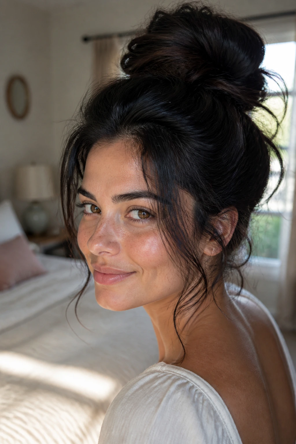 Close-up portrait of a woman with thick hair styled in a durable updo