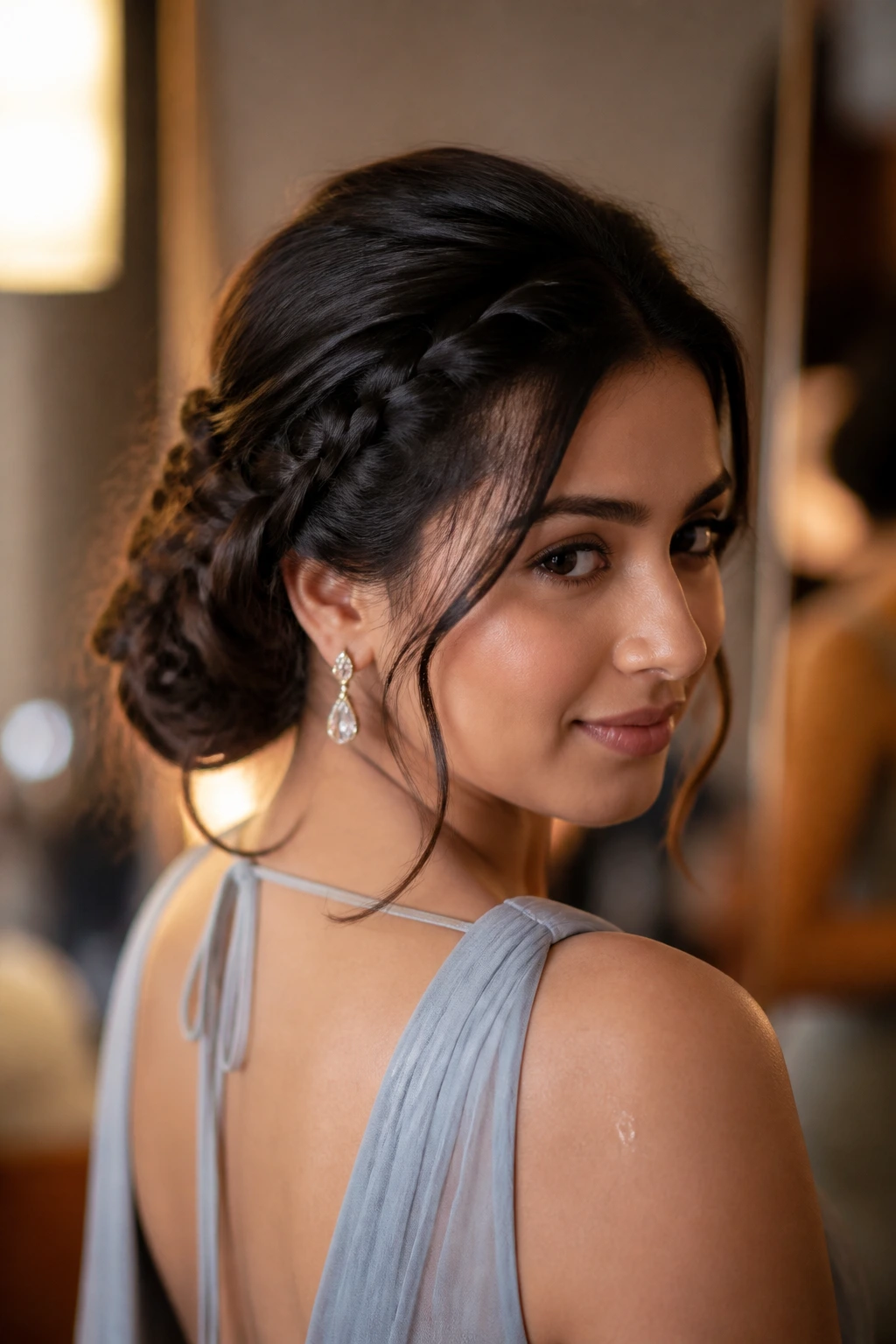 Close-up of a thick-haired woman in a humidity-proof low bun with braid texture