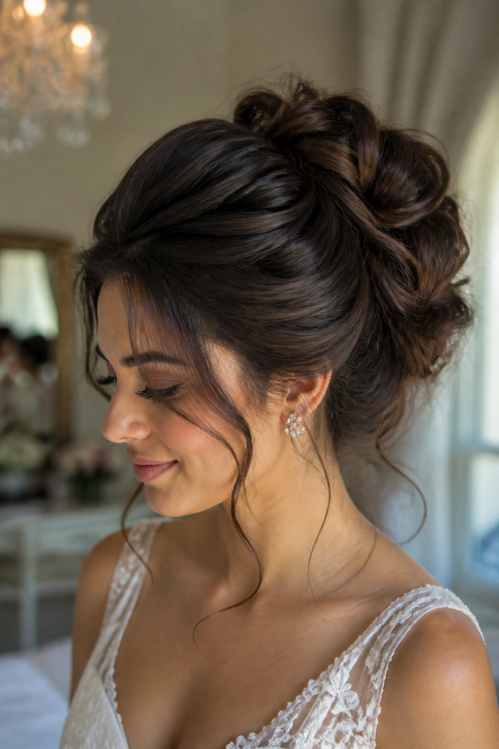 Close-up bride with thick hair styled into an elegant updo in a softly lit dressing room