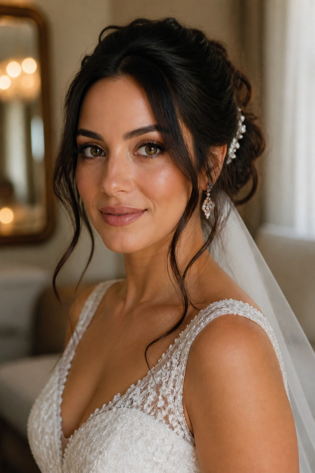 Close-up of a real bride with thick hair, soft front pieces for a romantic look in a bridal dressing room