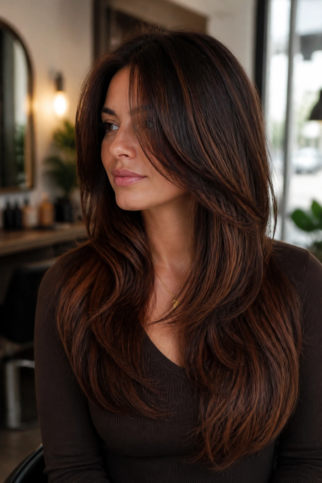 Close-up portrait of thick long hair with a soft V-cut and cocoa-mahogany lowlights