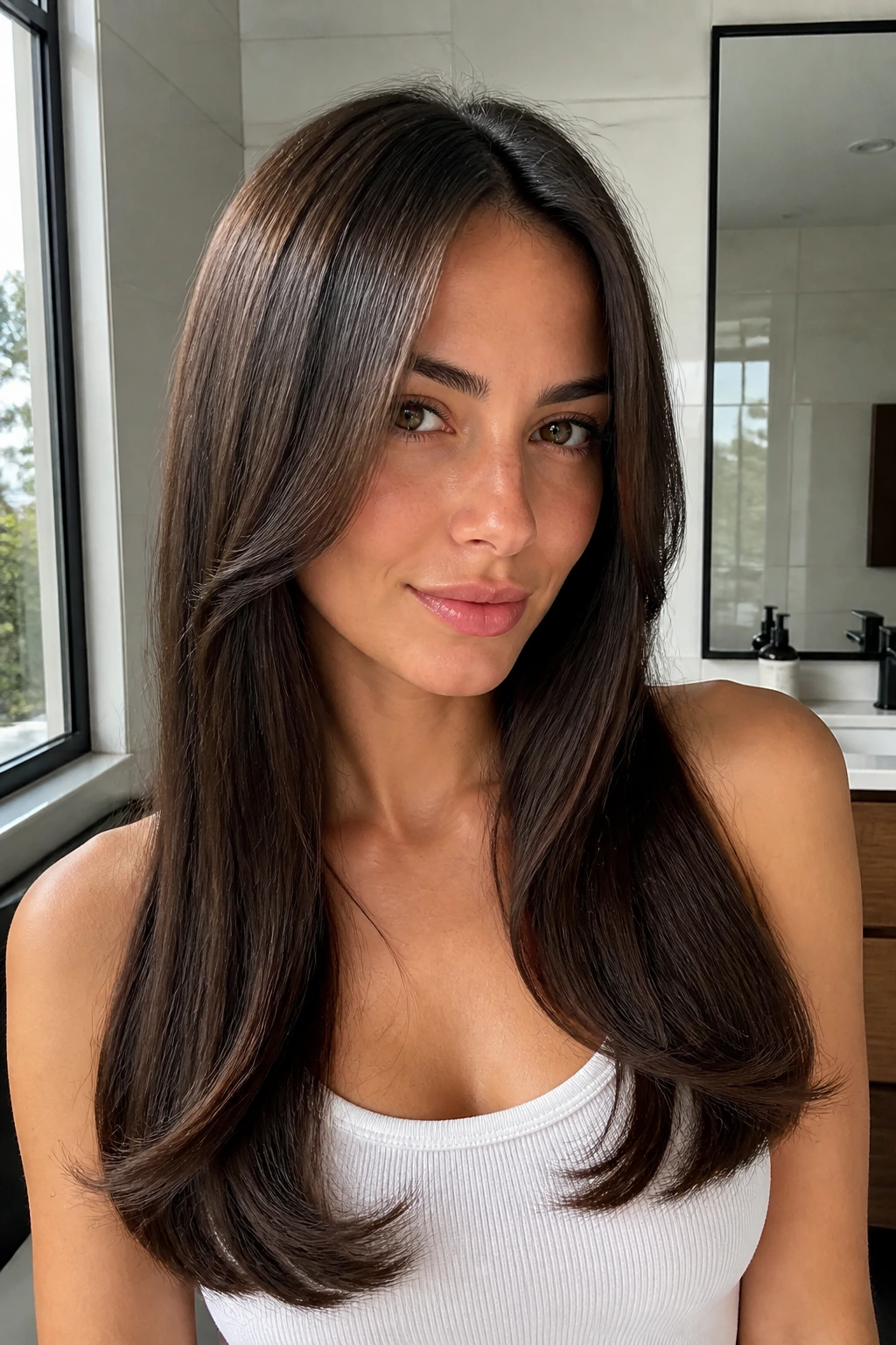 Portrait of a real person with straight-sleek long layers and glossy ends