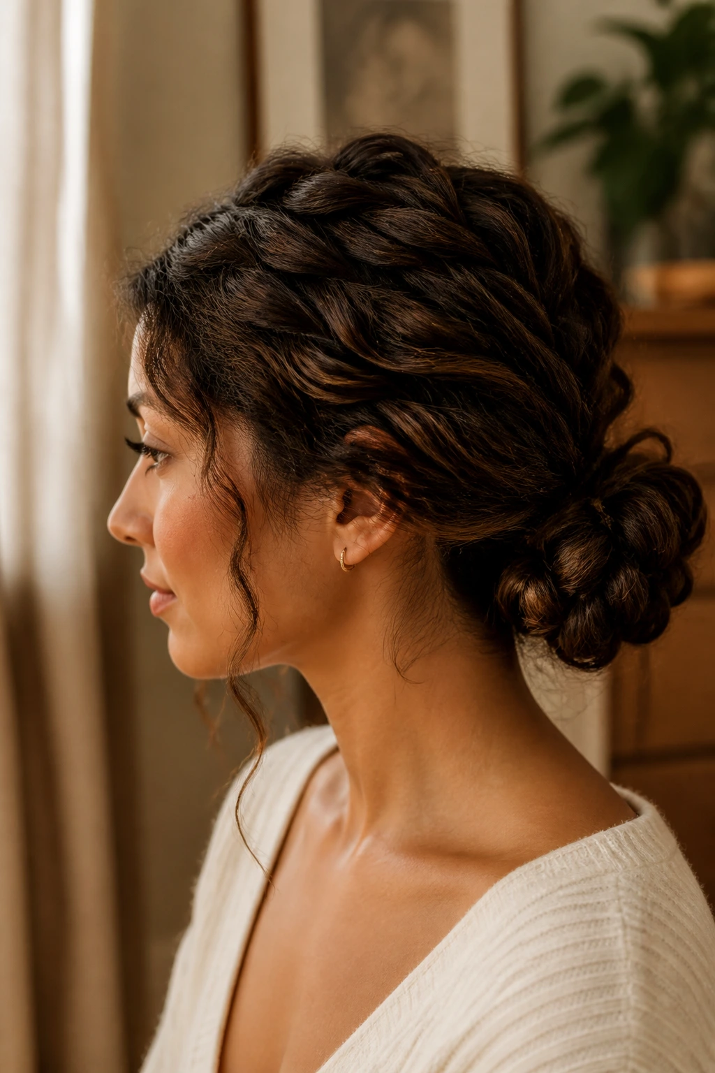 Portrait of thick hair with a low braided bun demonstrating variation