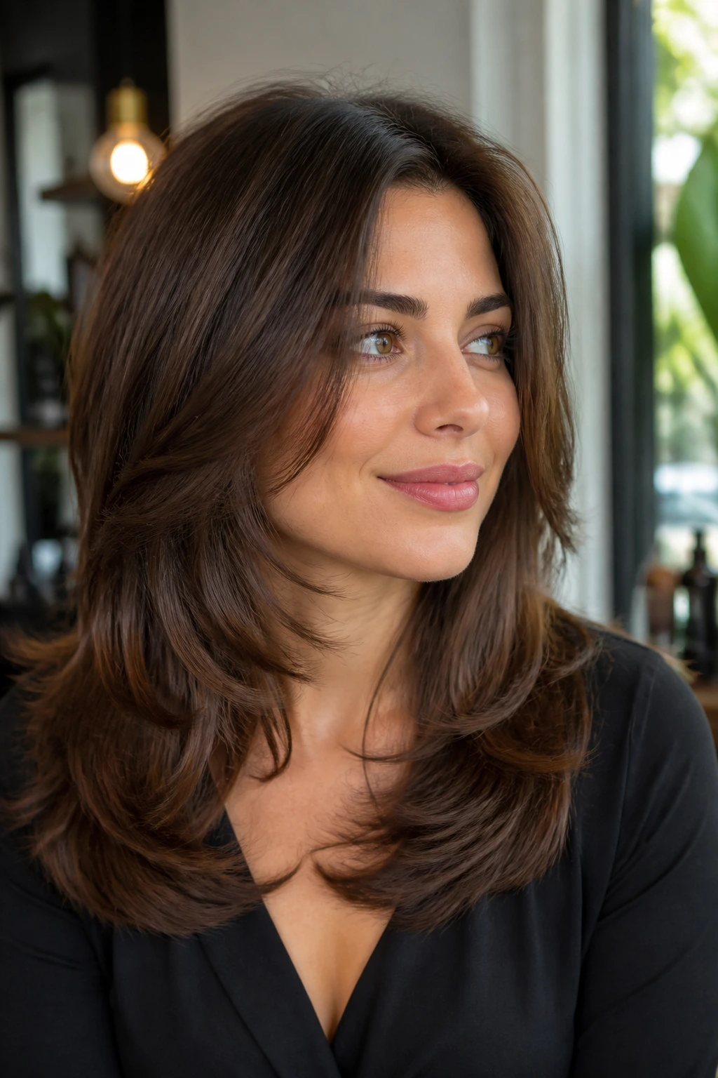 Portrait of a woman with versatile thick-hair haircut showing movement