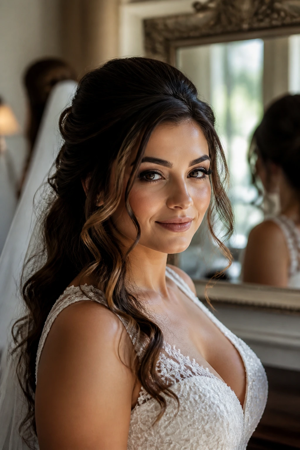 Bride with thick hair styled to create volume at the crown