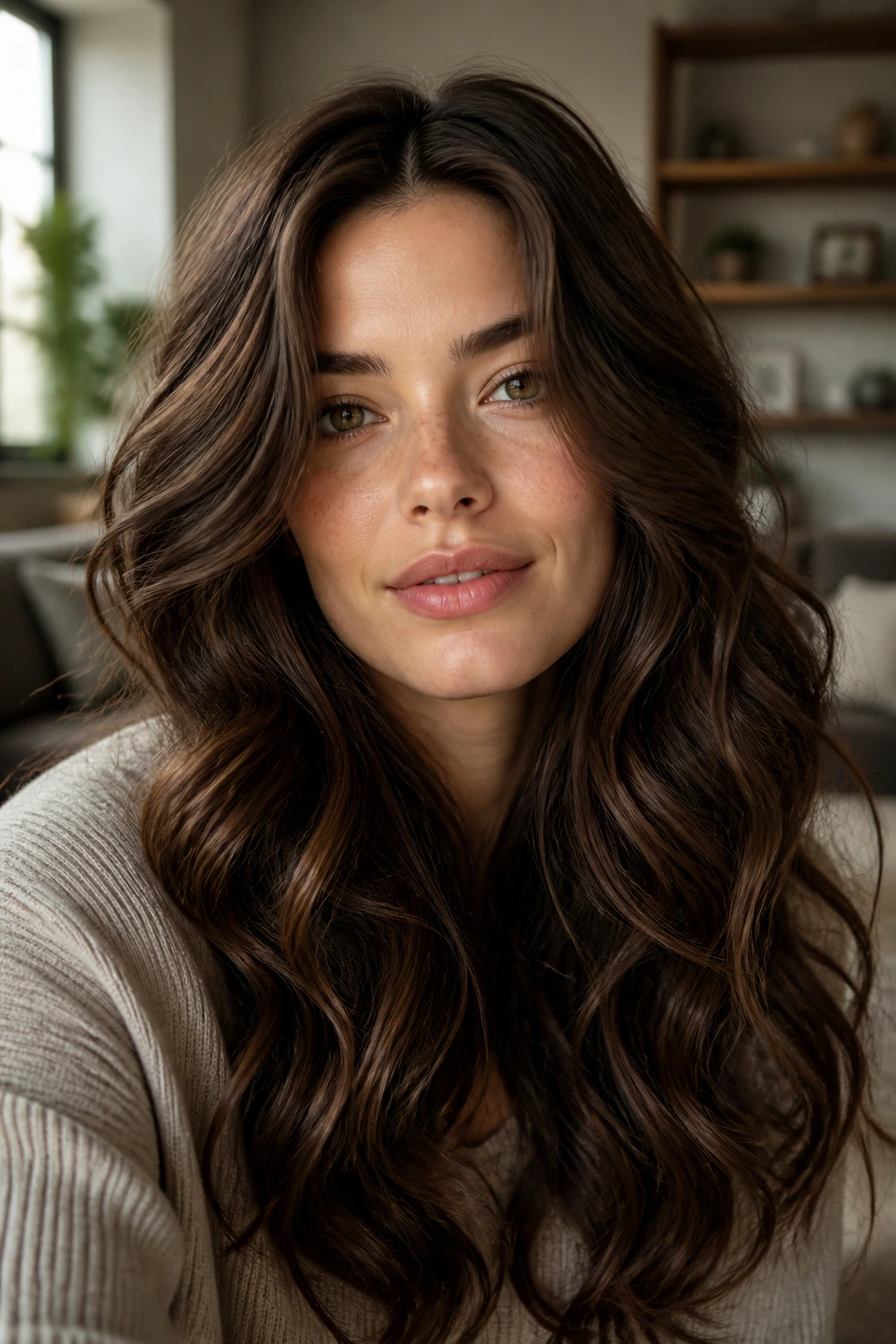 Portrait of thick hair with soft waves on a real person