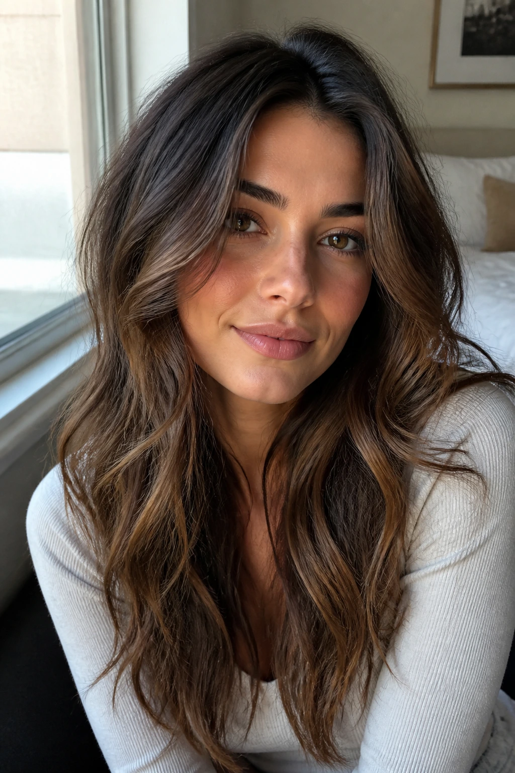 Close-up of a real person with thick straight hair styled in loose beachy waves.