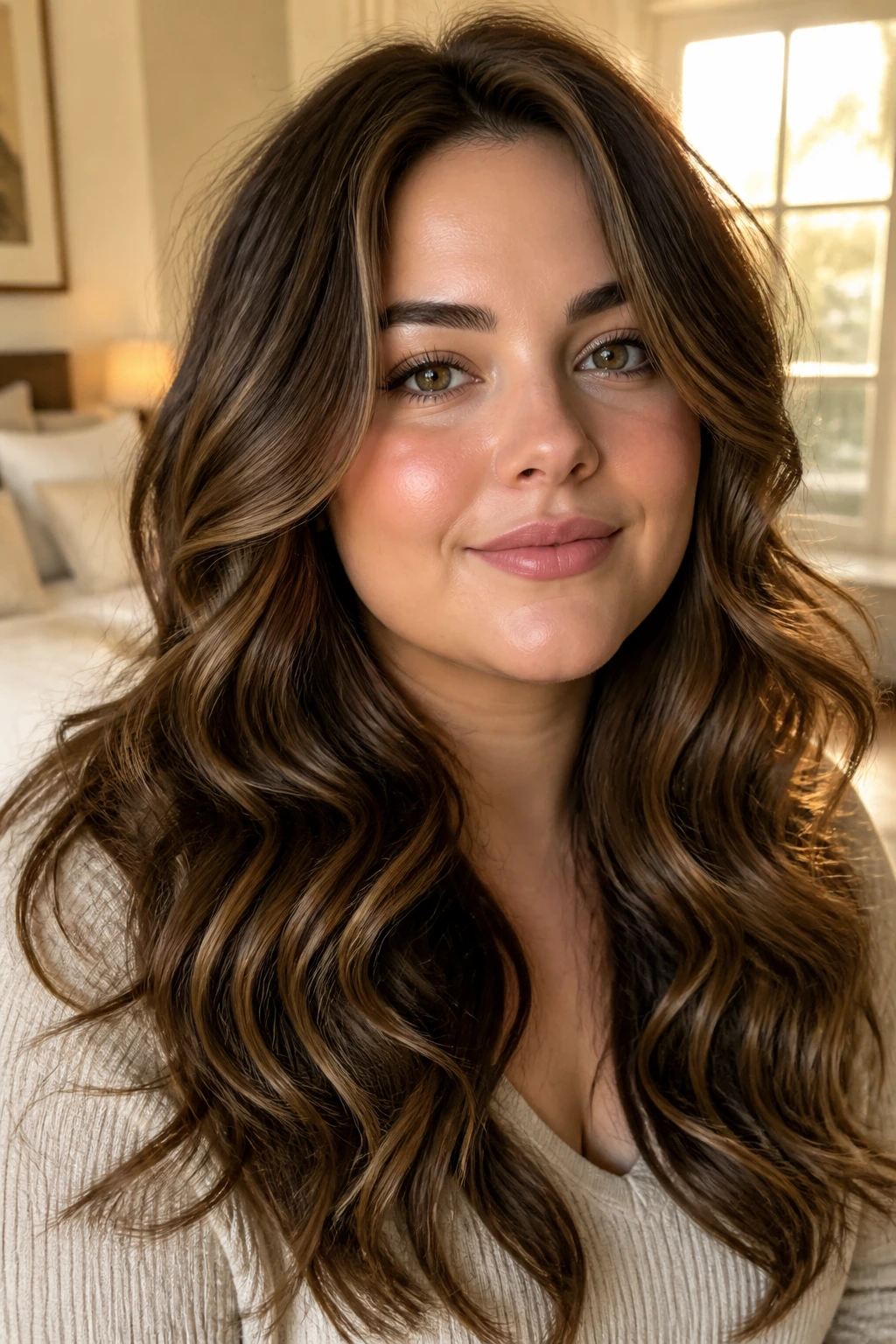 Close-up of a woman with thick hair styled in soft waves around a round face