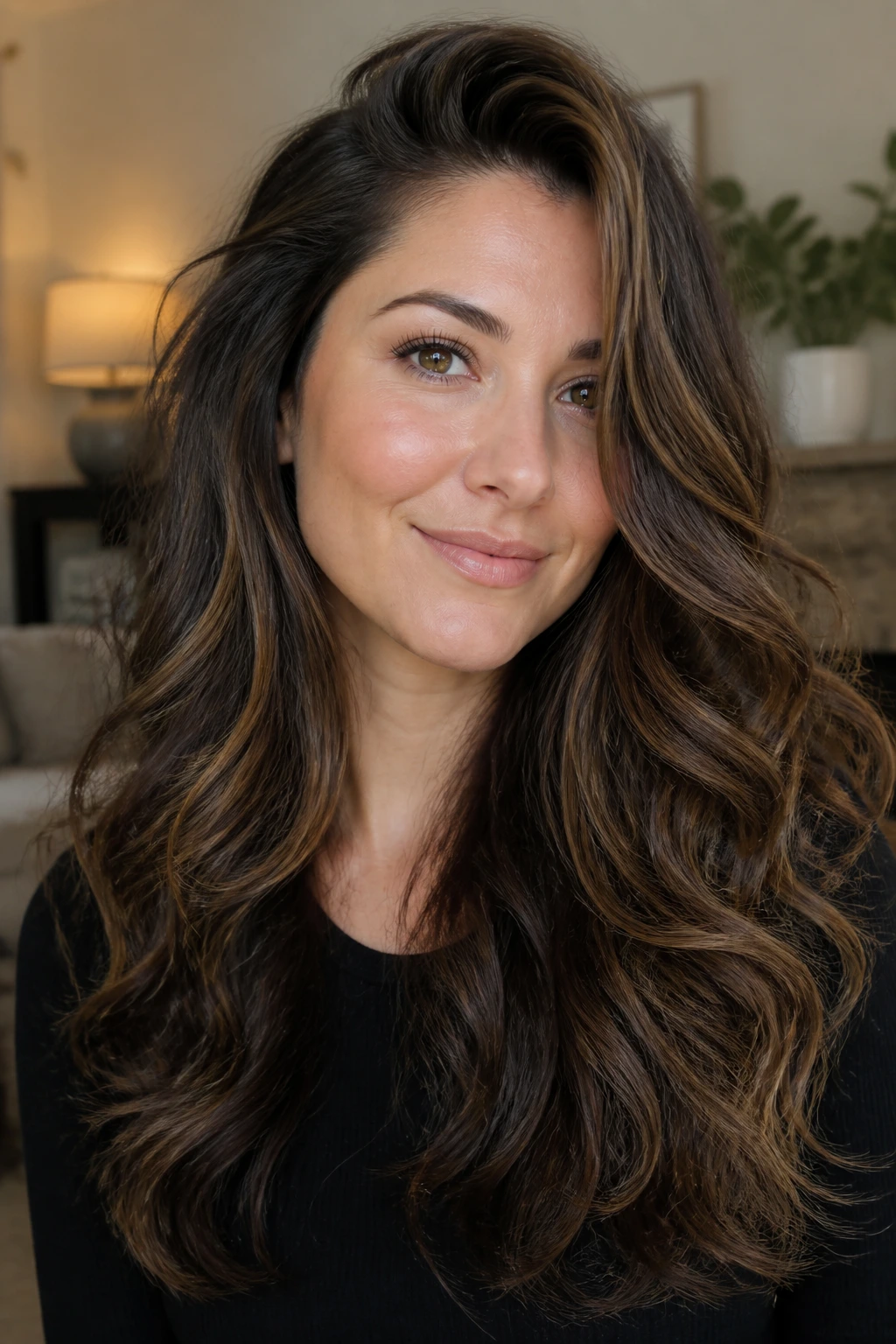 Portrait of a woman with thick hair styled to lift the crown