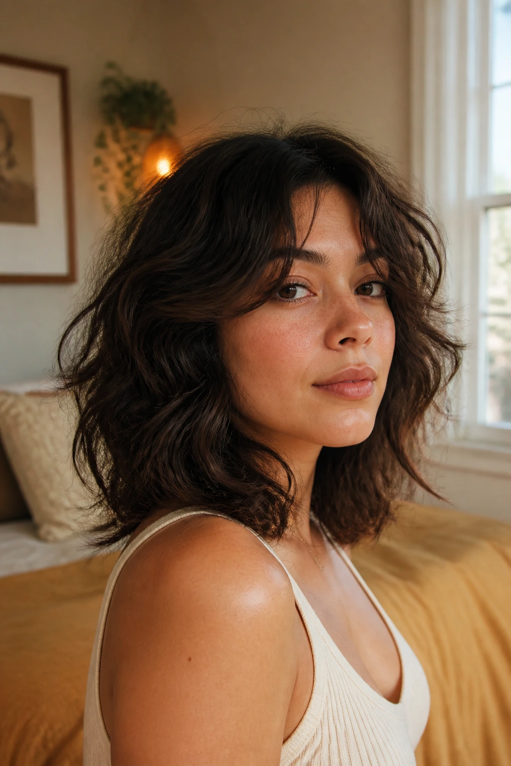 Close-up portrait of a real woman with a shoulder-length layered haircut in soft waves