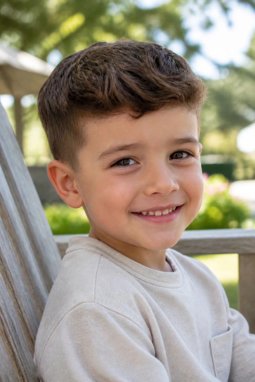 Close-up of a five-year-old boy with wavy thick hair styled in a textured Ivy League