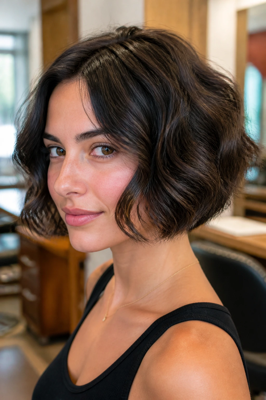 Close-up of a real woman with thick wavy hair showing weight removal for edge.