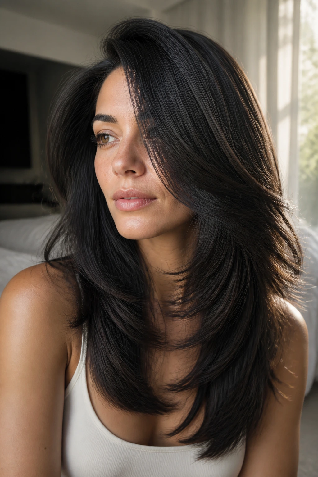 Close-up of a real woman with a weightless front frame in thick hair, lit by warm window light