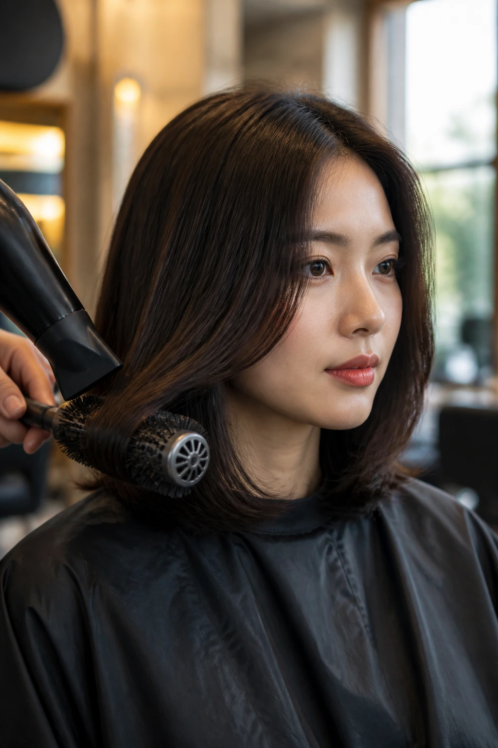 Close-up of a real Asian woman with a thick lob, finishing touch in a warm salon.