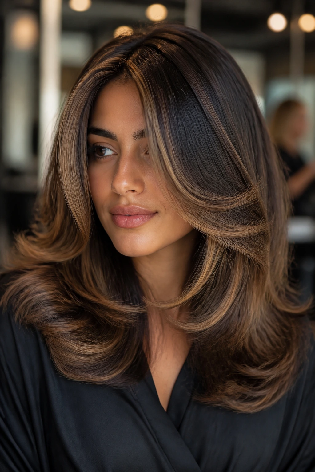 Close-up of a real woman with thick-panel caramel highlights in a retro blowout