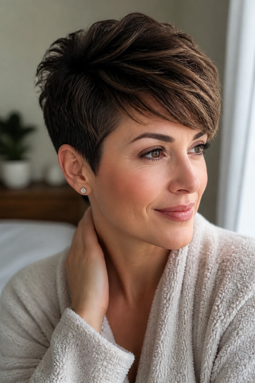 Real person with thick pixie styled for a morning routine