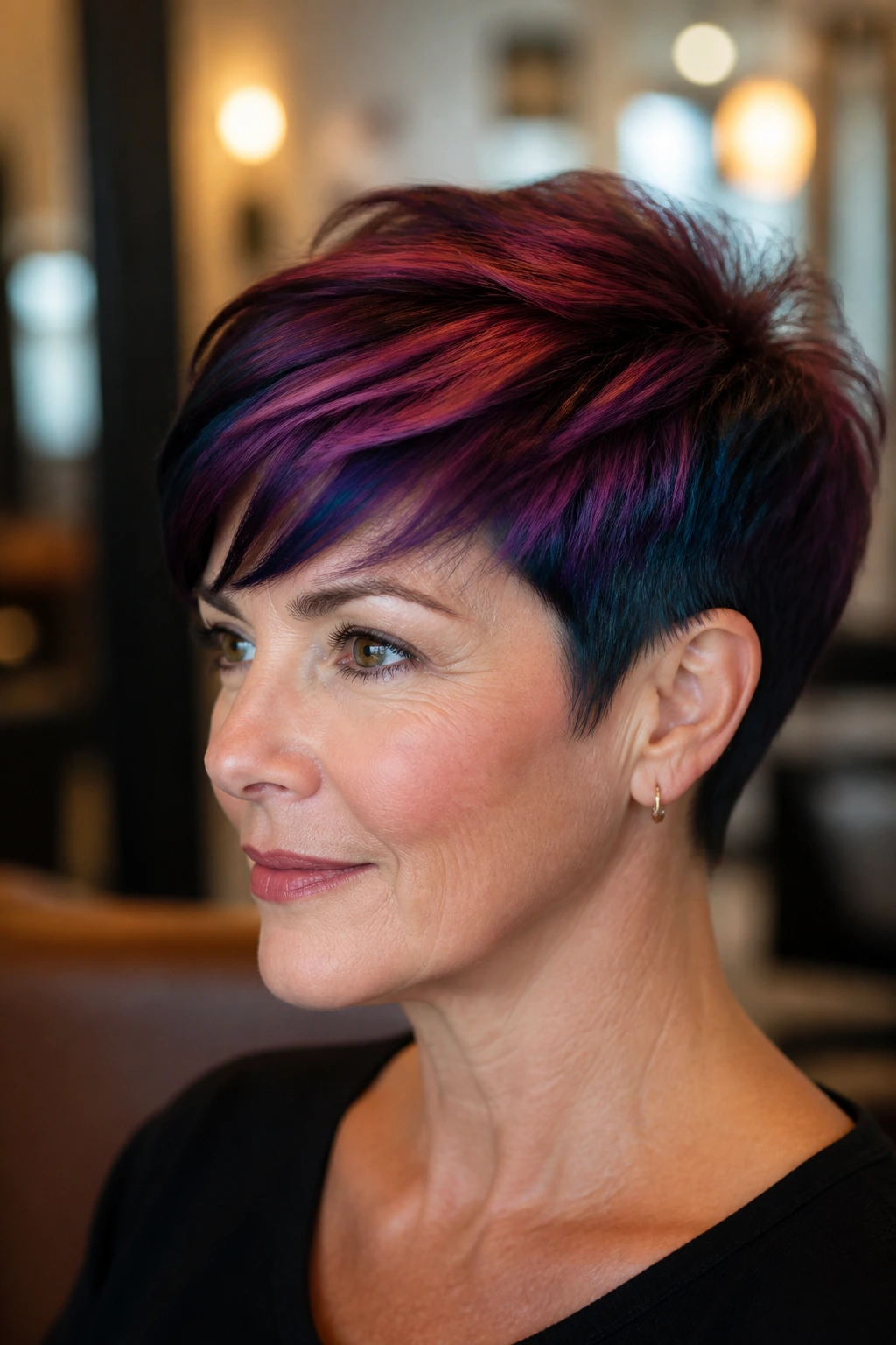 Close-up of a thick short haircut with bold color depth on a real person.