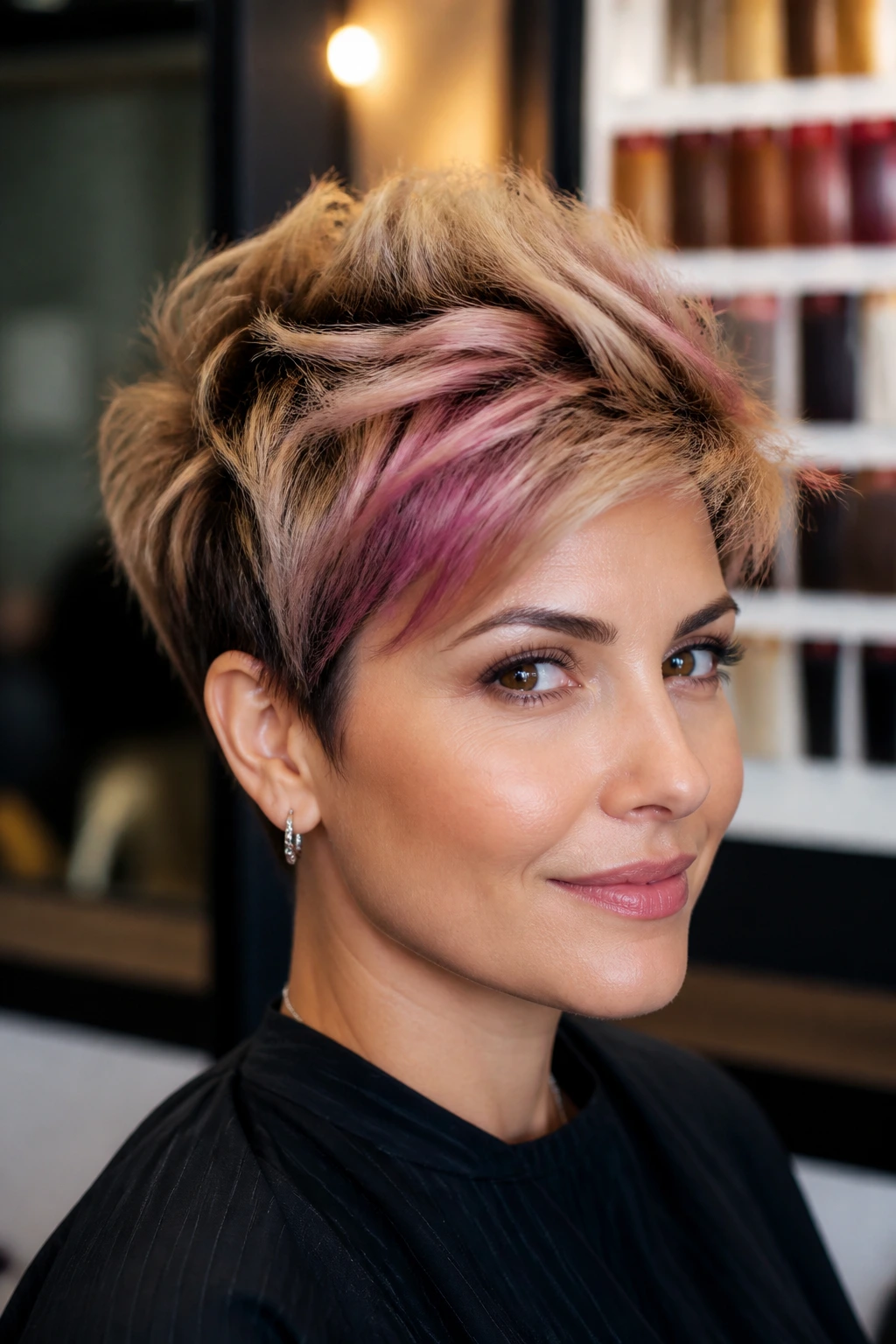 Close-up of a real person with thick short hair showing volume and bold color in a salon