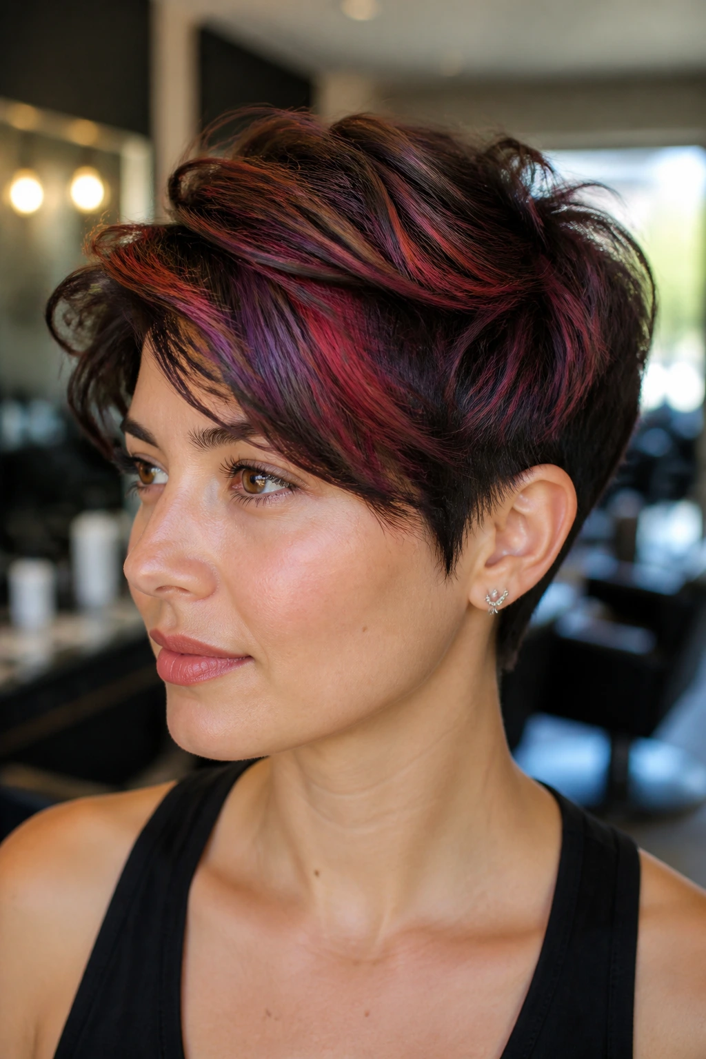 Close-up of a thick short hairstyle with strategic color placement on a real person.