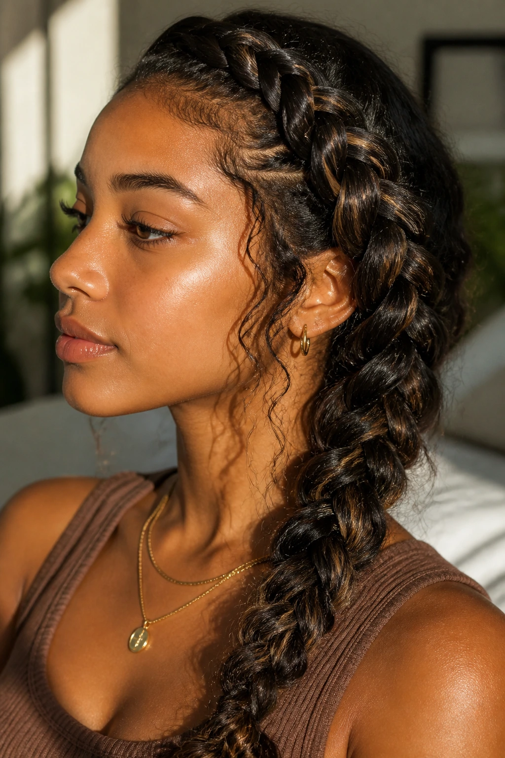 Close-up of a real woman's head featuring a thick chunky side braid