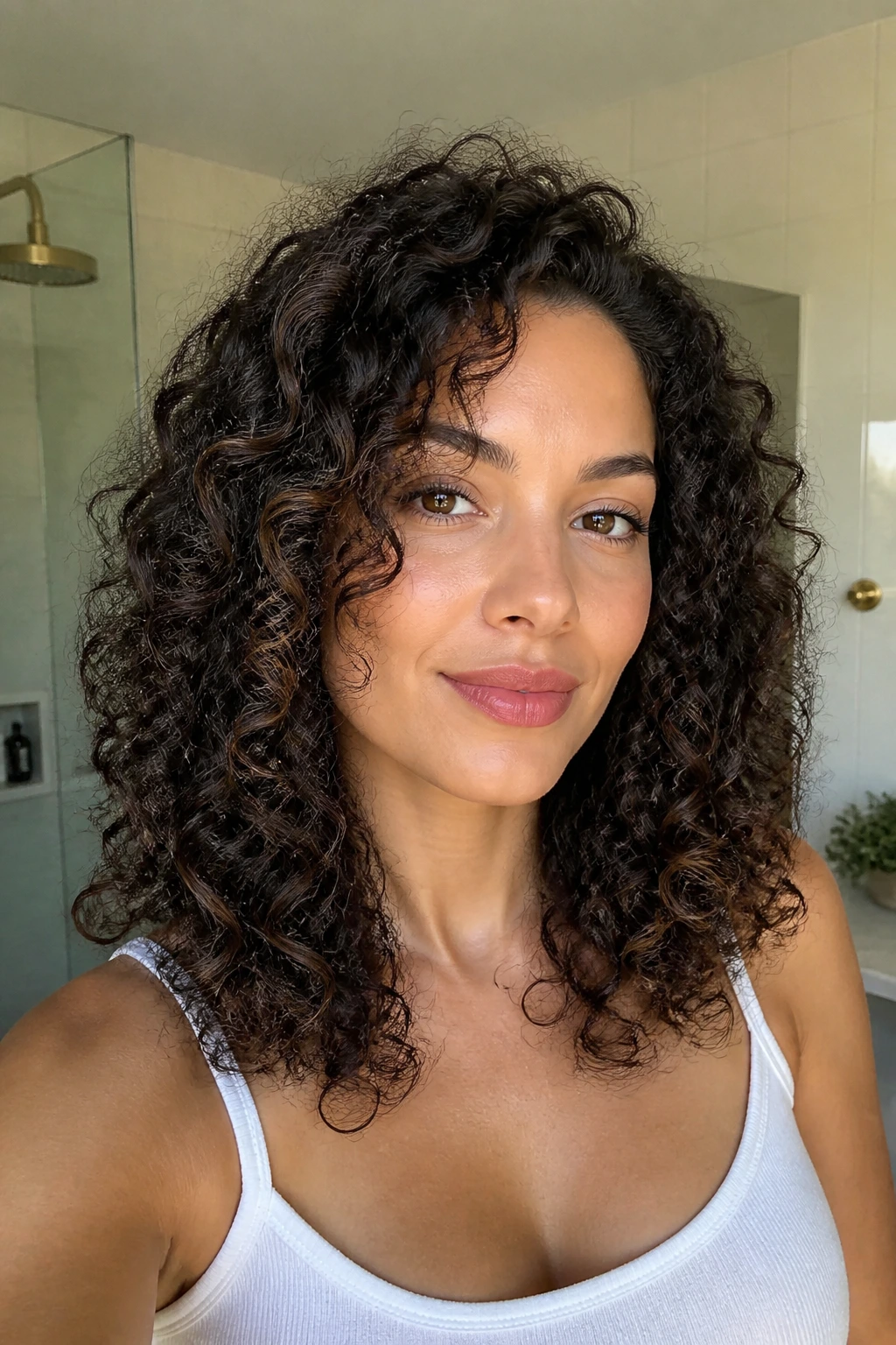 Close-up portrait of a real woman with soft tapered layers in thick curls.