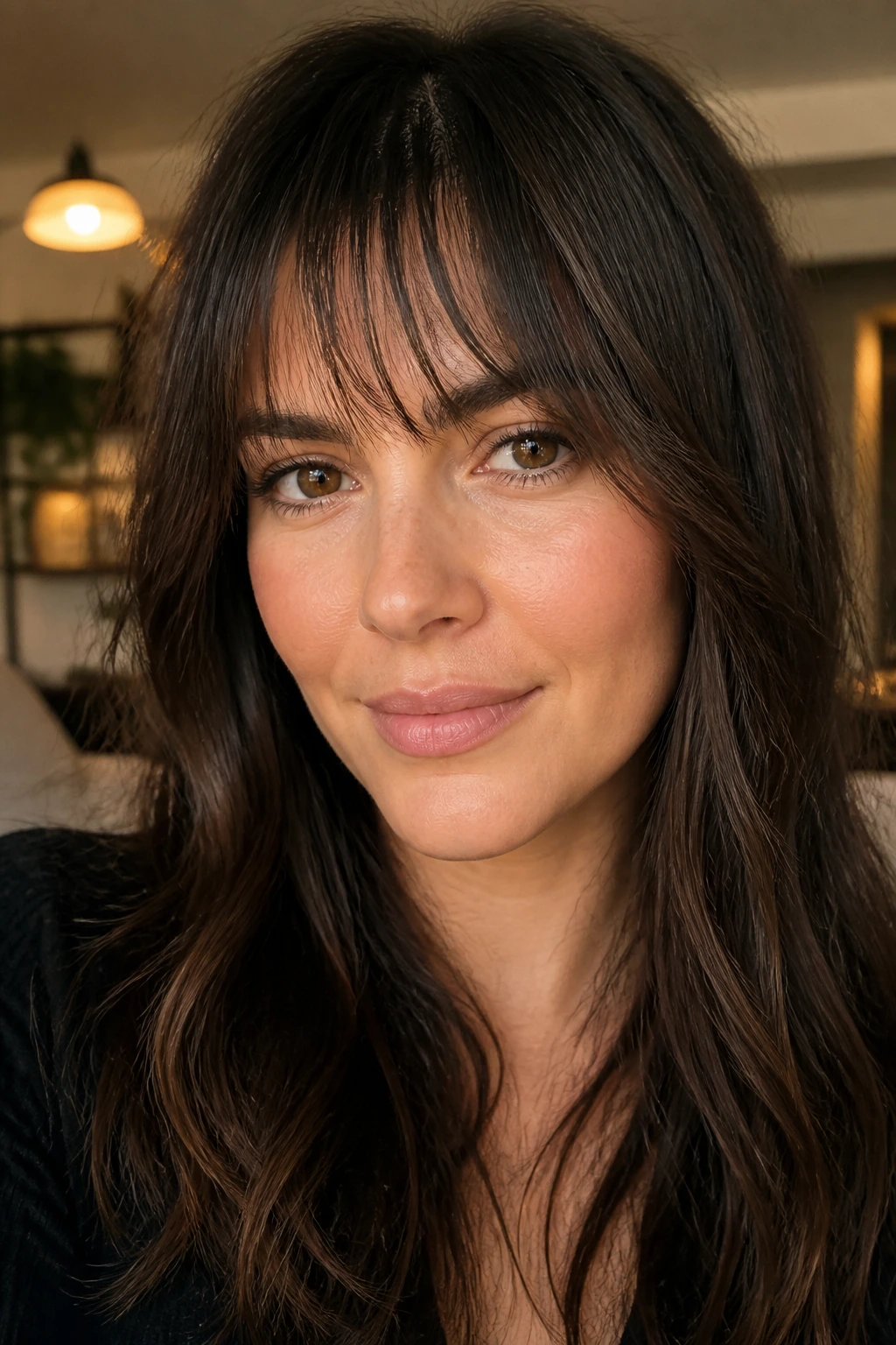 Close-up portrait of a woman with thick textured fringe showing light weight removal