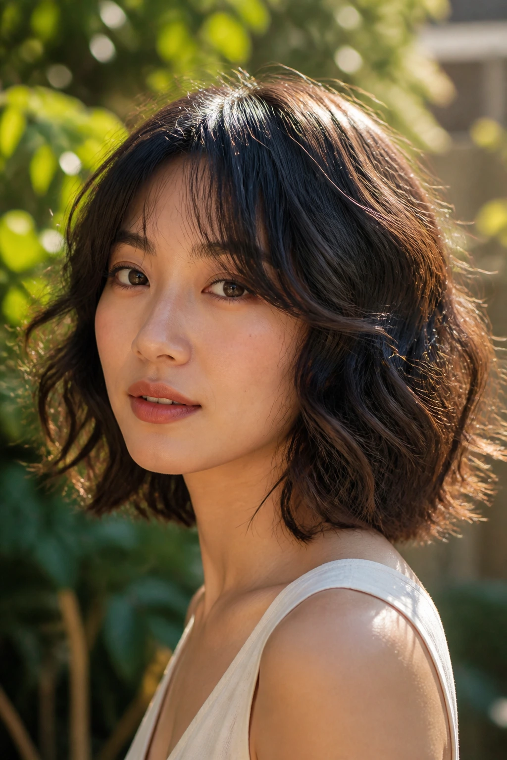 Close-up portrait of a real woman with thick waves in a bob and curtain bangs outdoors.