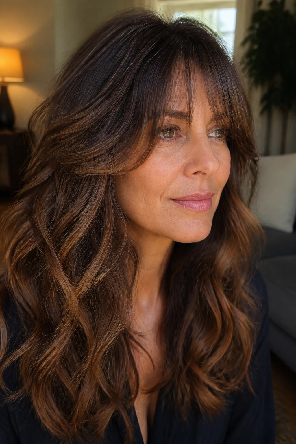 Close-up of a real woman with thick-wave fringe and internal layers