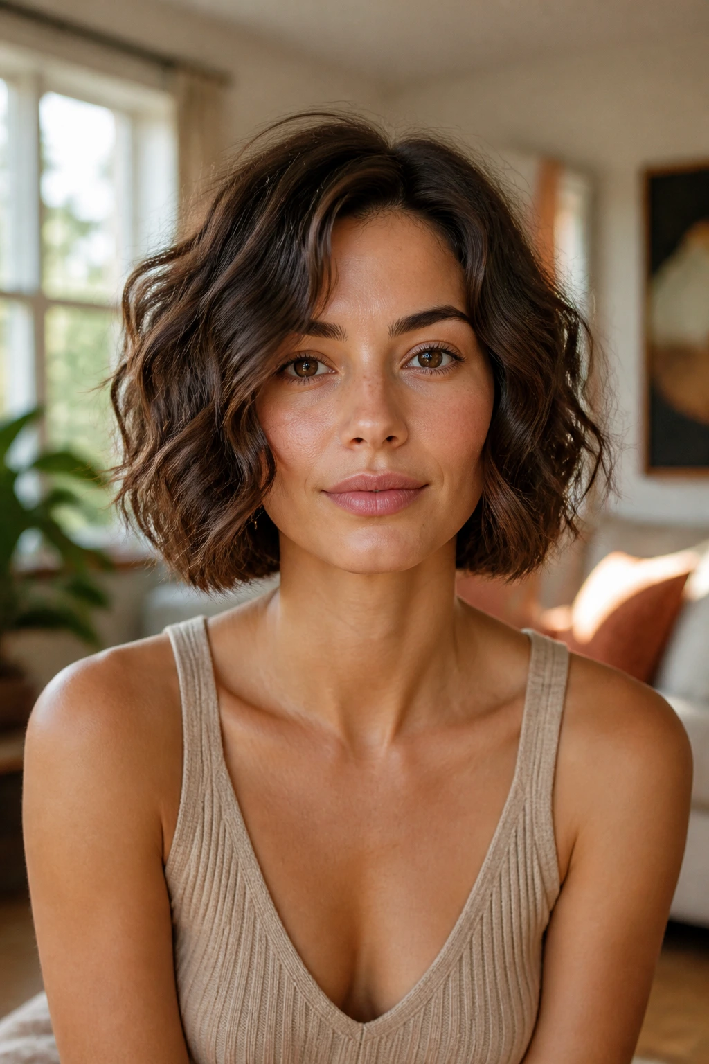 Real person with jaw-length bob showing thick waves and face-framing pieces