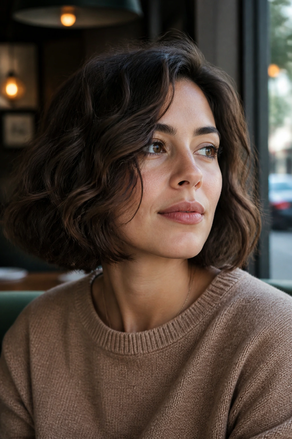 Close-up portrait of a real woman with a structured thick wavy bob